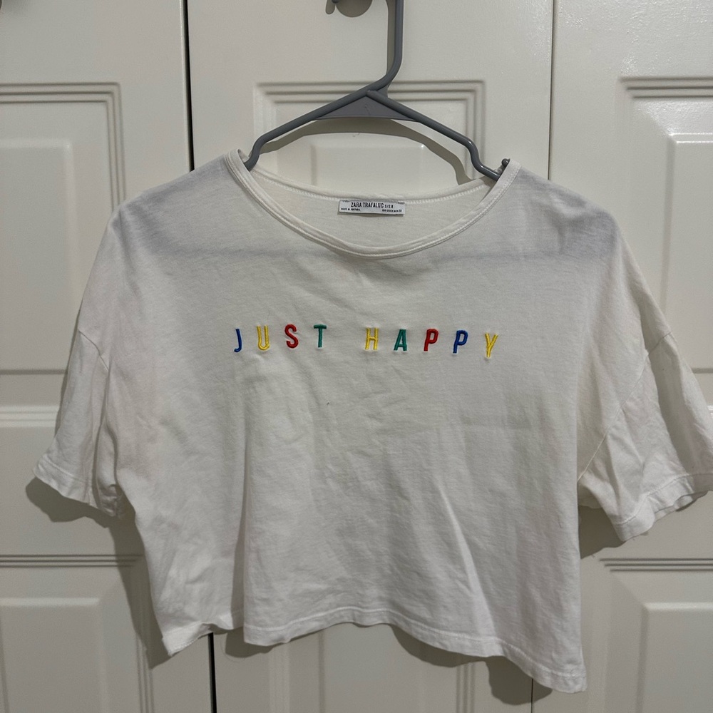 White Cropped T-Shirt with Colorful Embroidery